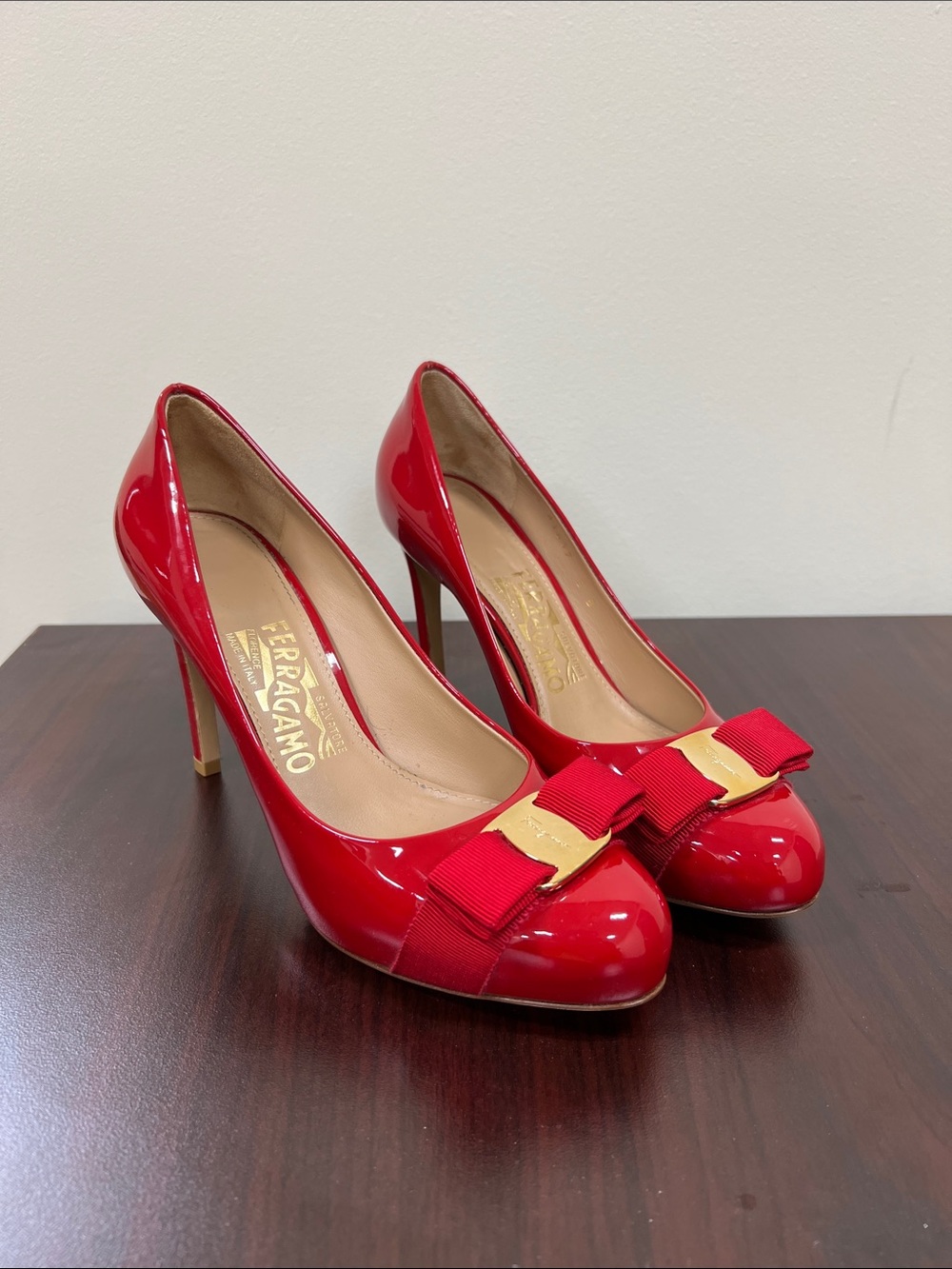 Salvatore Ferragamo Red Patent Vara Bow with Gold Accent
